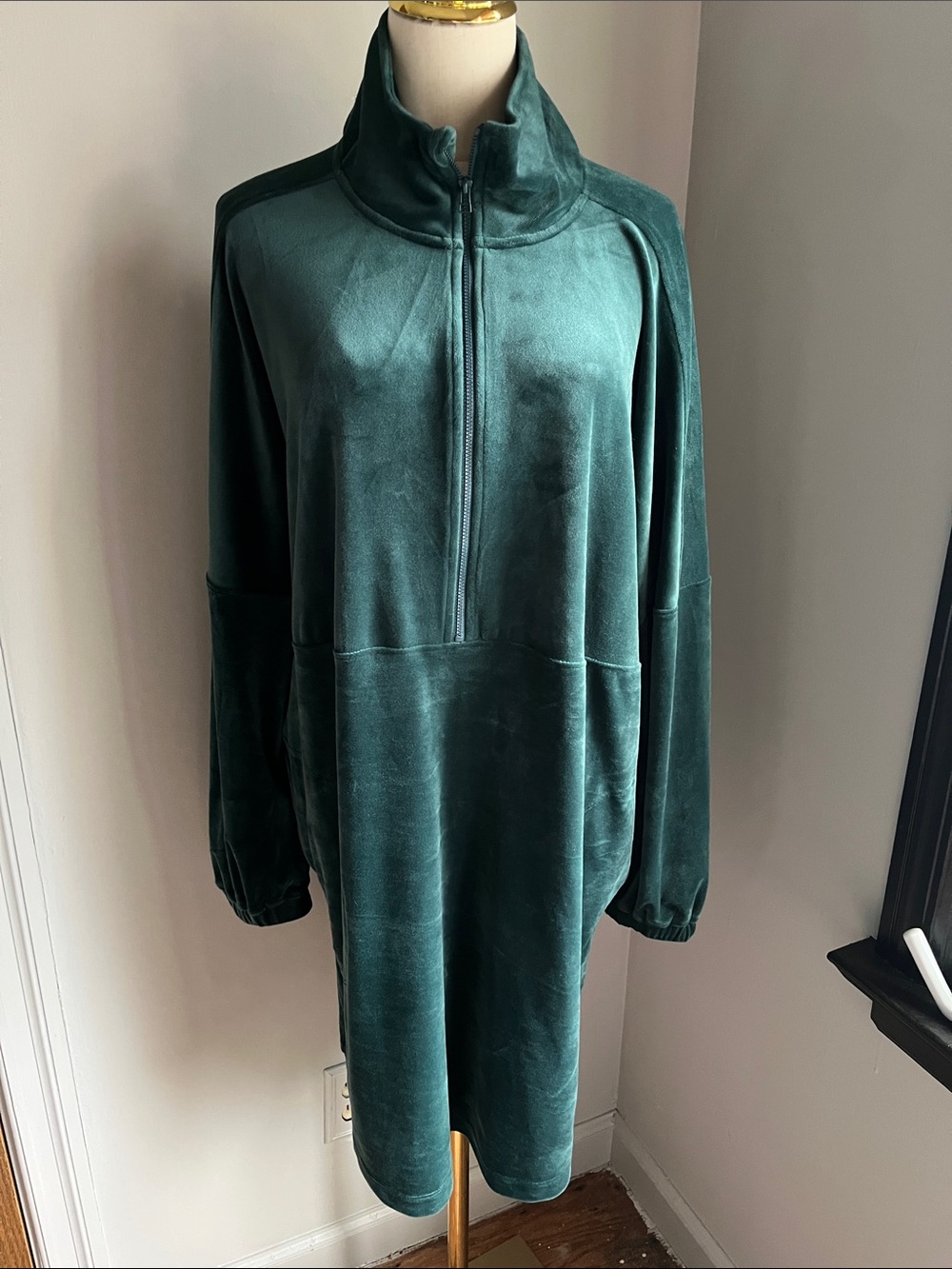 Saturday Sunday Velvet Half-Zip Long Sleeve Dress - Deep Teal - Size L